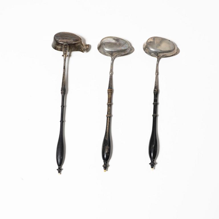 Soup ladles, Johan Petter Grönvall, 1816, 2 pcs, and Gustav Möllenborg, 1869, 1 pc.