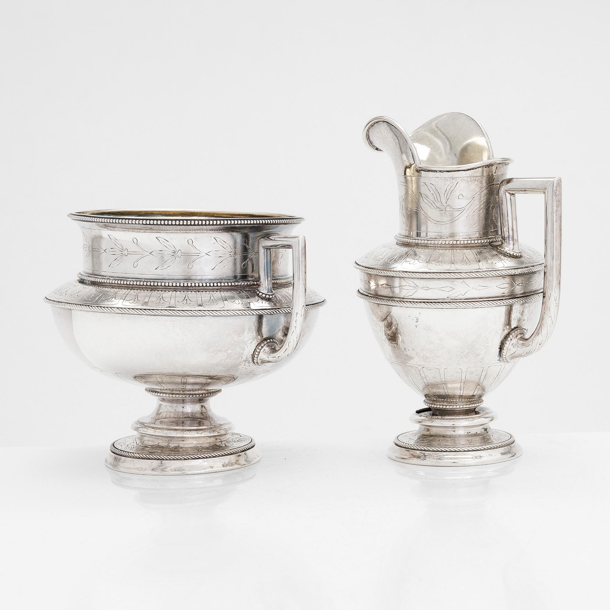 David Andersen, sockerskål och gräddkanna, silver, Kristiania (Oslo), Norge, 1800-talets slut.