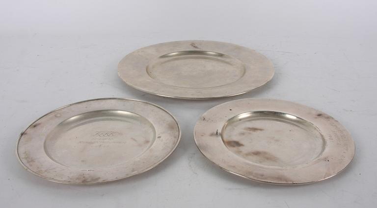 TALLRIKAR, 3 st, silver, div svenska mästare.