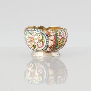 A Russian early 20th Century silver-gilt and enamel salt cellar. Assayer's mark Ivan Lebedkin.