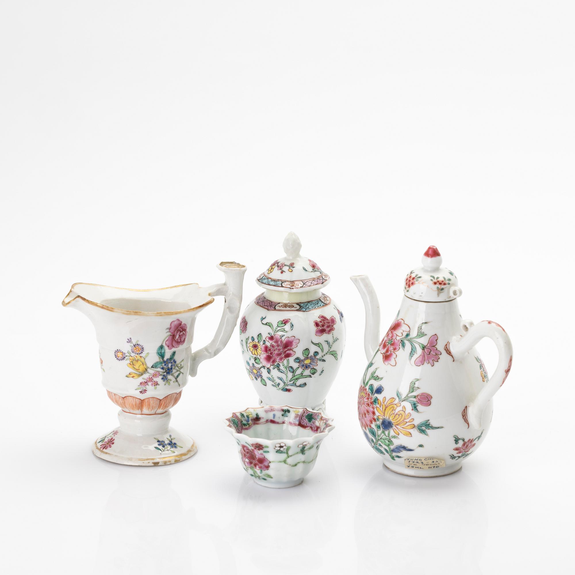 A group of two jugs, a cup and a jar with cover, famille rose porcelain, China, Qing dynasty, 18th century.