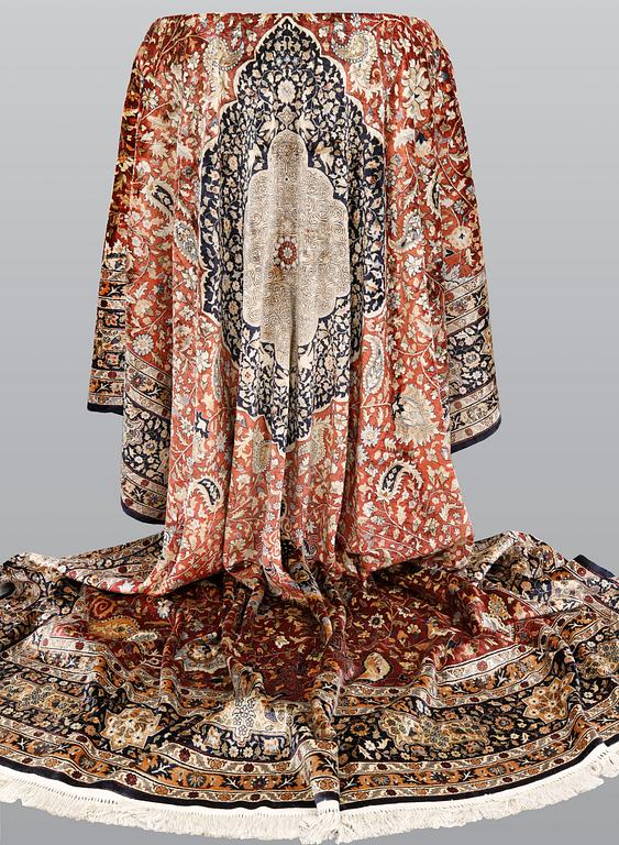 A pictoral Oriental silk carpet, ca 370 x 270 cm.