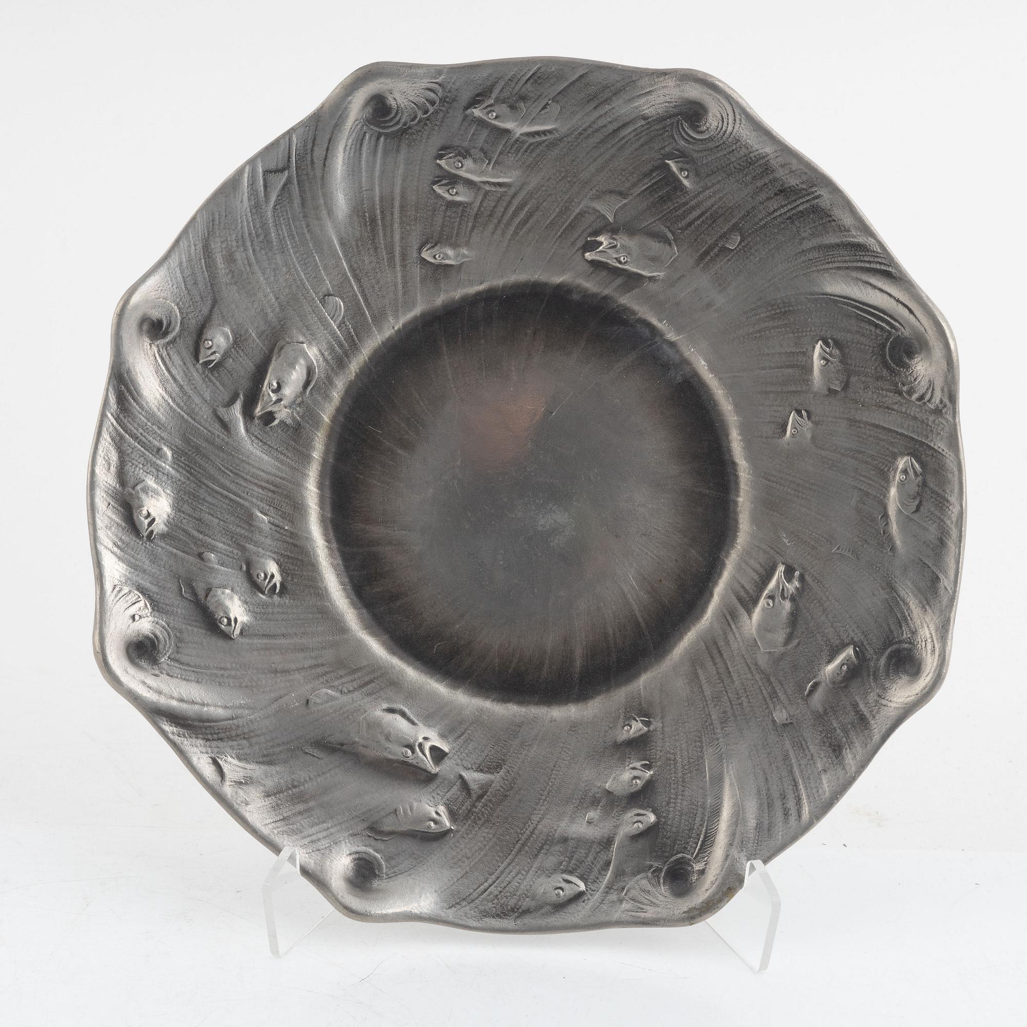 Olof Ahlberg, a pair of pewter candlesticks and a dish, Stockholm, including 1960.