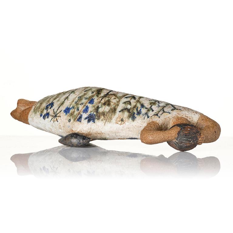 Lisa Larson, a unique chamotte stoneware sculpture of a reclining female figure with a bird, Gustavsberg Studio, probably 1950s-60s.