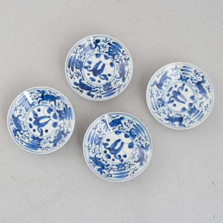 A set of four blue and white Chinese porcelain dishes, 19th century.