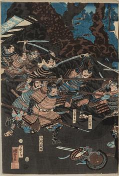 UTAGAWA KUNIYOSHI (1797/98-1861), färgträsnitt, triptyk. Japan, 1800-tal.