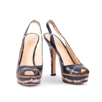 645. PRADA, a pair of gray snakeskin embossed leather sandals. Size 39.