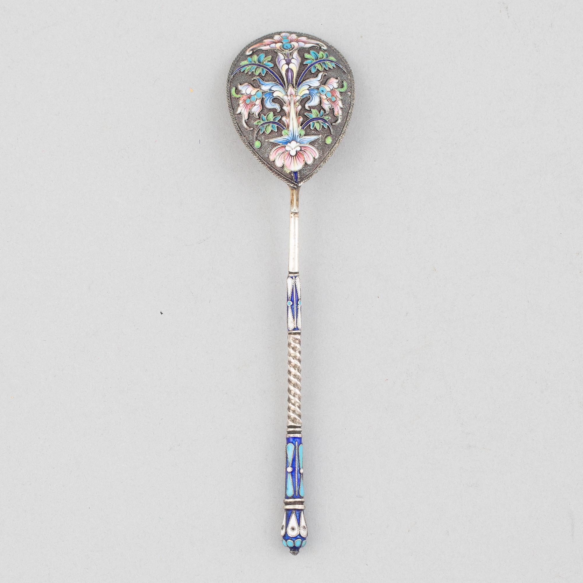 A Russian silver and enamel spoon, Moscow, 1908-26.