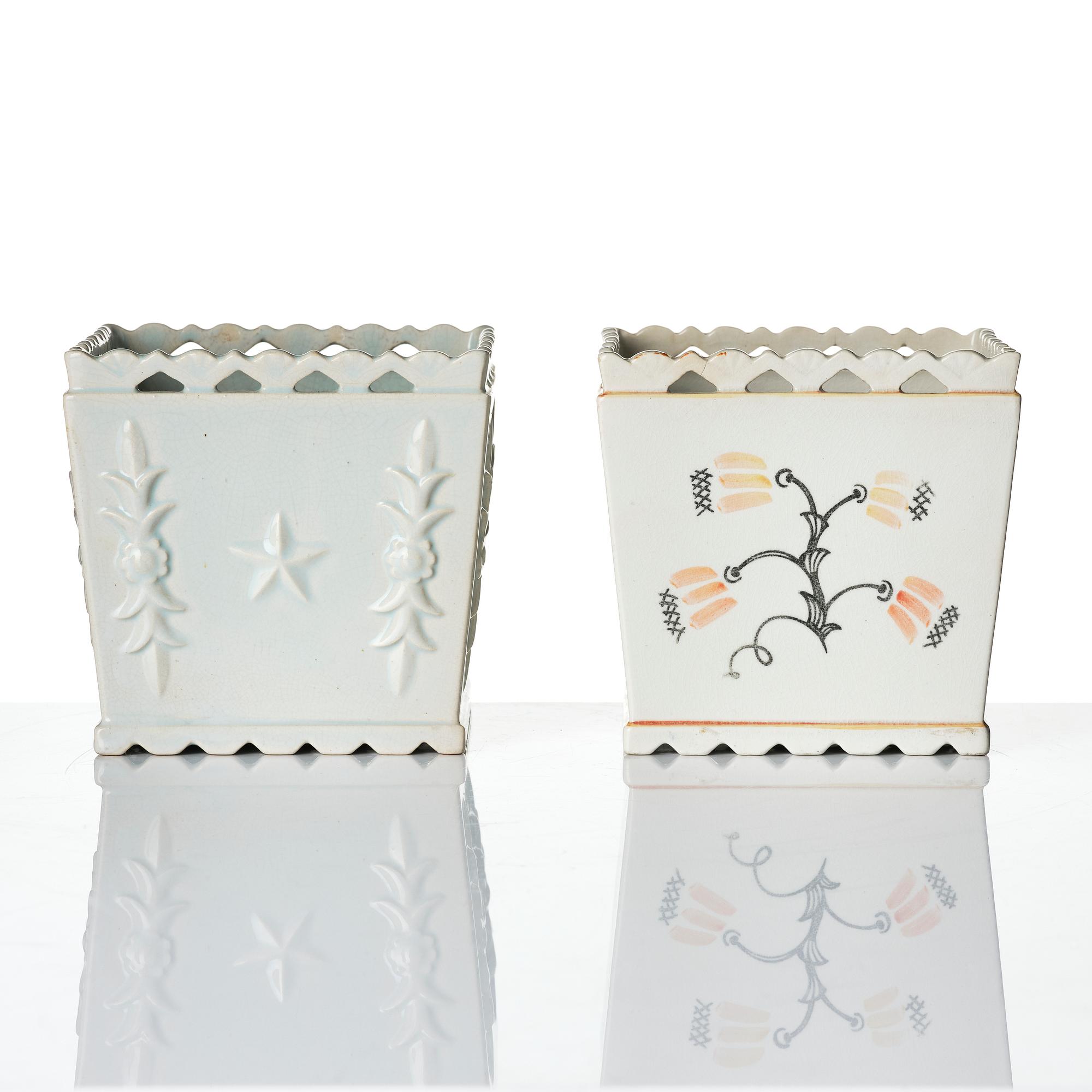 Wilhelm Kåge, two creamware flower pots, Gustavsberg 1920s.