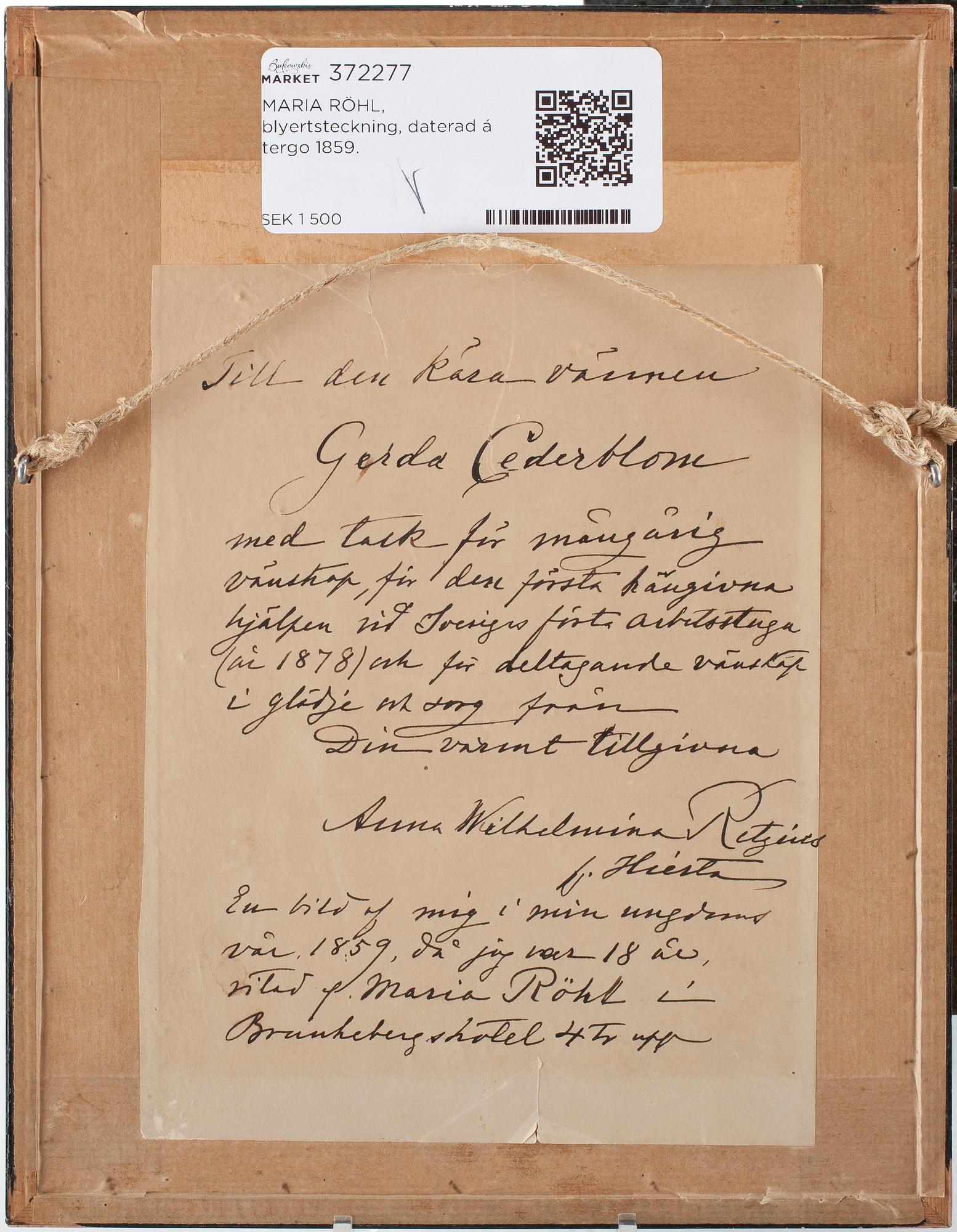MARIA RÖHL, blyertsteckning, daterad á tergo 1859.