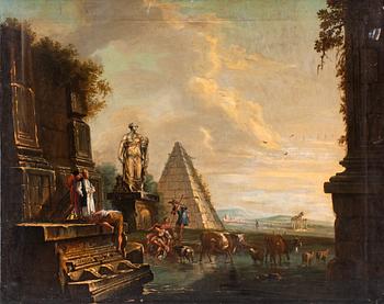 519. Giovanni Paolo Panini Circle of, Capriccio with buidlings, figures and livestock.