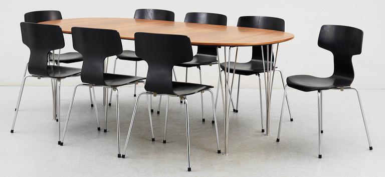 MATBORD SAMT 8 STOLAR, Fritz Hansen Piet hein, Bruno Mathsson resp Arne Jacobsen, Fritz Hansen, 3103 T-chair.