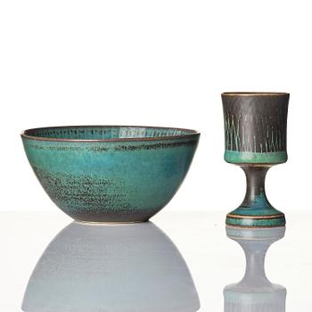 Stig Lindberg, a stoneware set of a teapot, a bowl and a goblet, Gustavsberg Studio 1969.