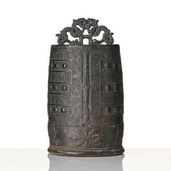 A bronze temple bell with suspension loop (Bo) and coiled and interlaced Dragons, Ming dynasty or older.