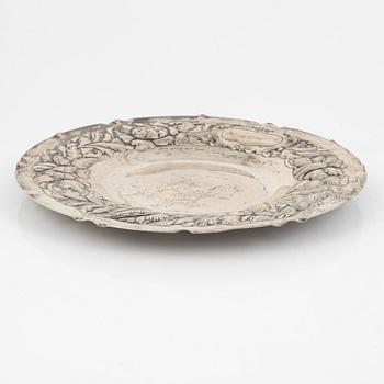 Presentation dish, bowl, and sugar box with lid, silver, Baroque style, 20th Century.