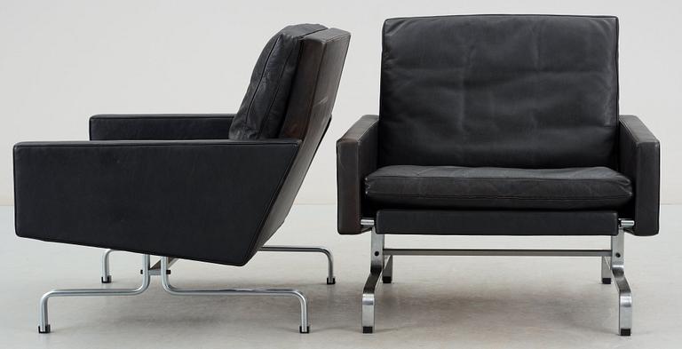 A pair of Poul Kjaerholm 'PK-31' black leather easy chairs, E Kold Christensen, Denmark.