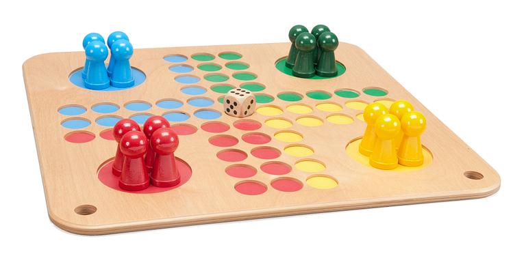 A WOODEN LUDO GAME,