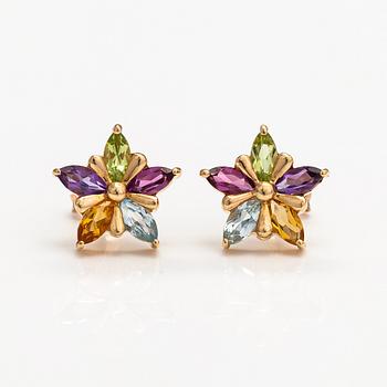 A pair of 14K gold earrings with a garnet, amethyst, cirtrine, topaz and peridote.