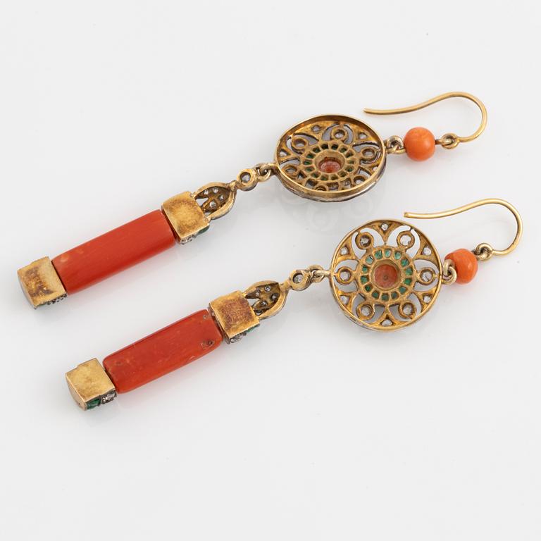 Coral, emerald and rose cut and brilliant cut diamond earrings.