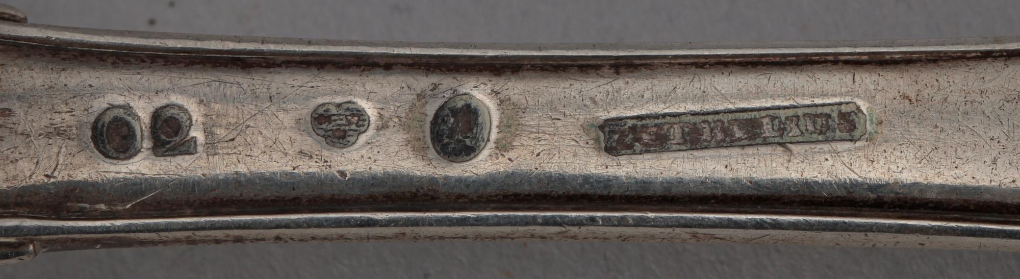 PARTI SILVER, 8 delar. B.la. Pehr Zethelius, Stockholm, 1796 o Adolf Lilja, Karlskrona,  1852. Totalvikt ca335g.