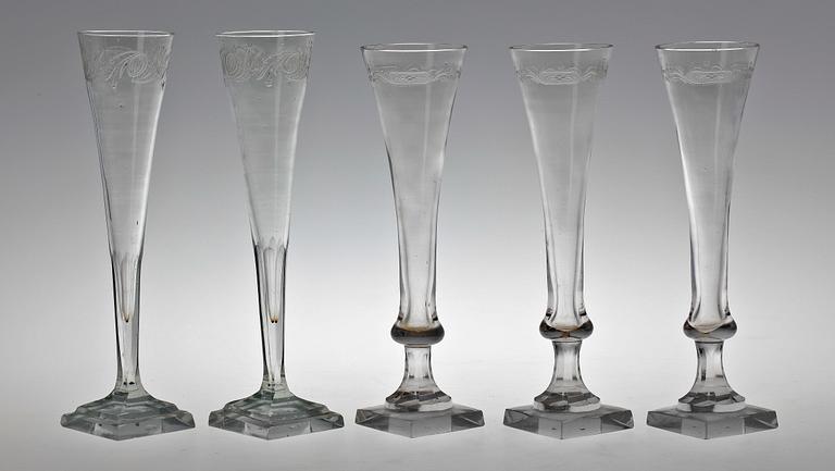 A set of five (3+2) champagne glasses, 19th century.