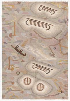 Edvin & Magnhild Lundsten, a carpet, 'Hällristningar' ('Petroglyph'), flat weave, c. 280 x 192 signed EML.