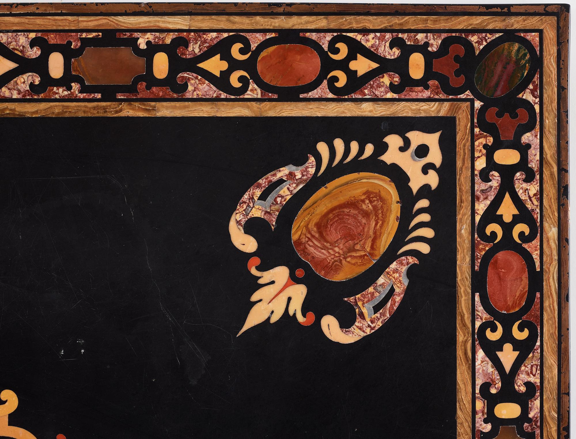 A pietre dure top, Italy, circa 1900, probably Rome or Naples. The stand in Louis XIV-style.