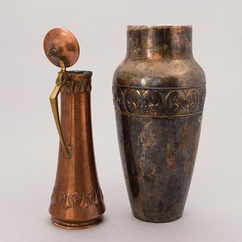 An early 20th Century Jugend copper and brass jug and silver-plated vase.