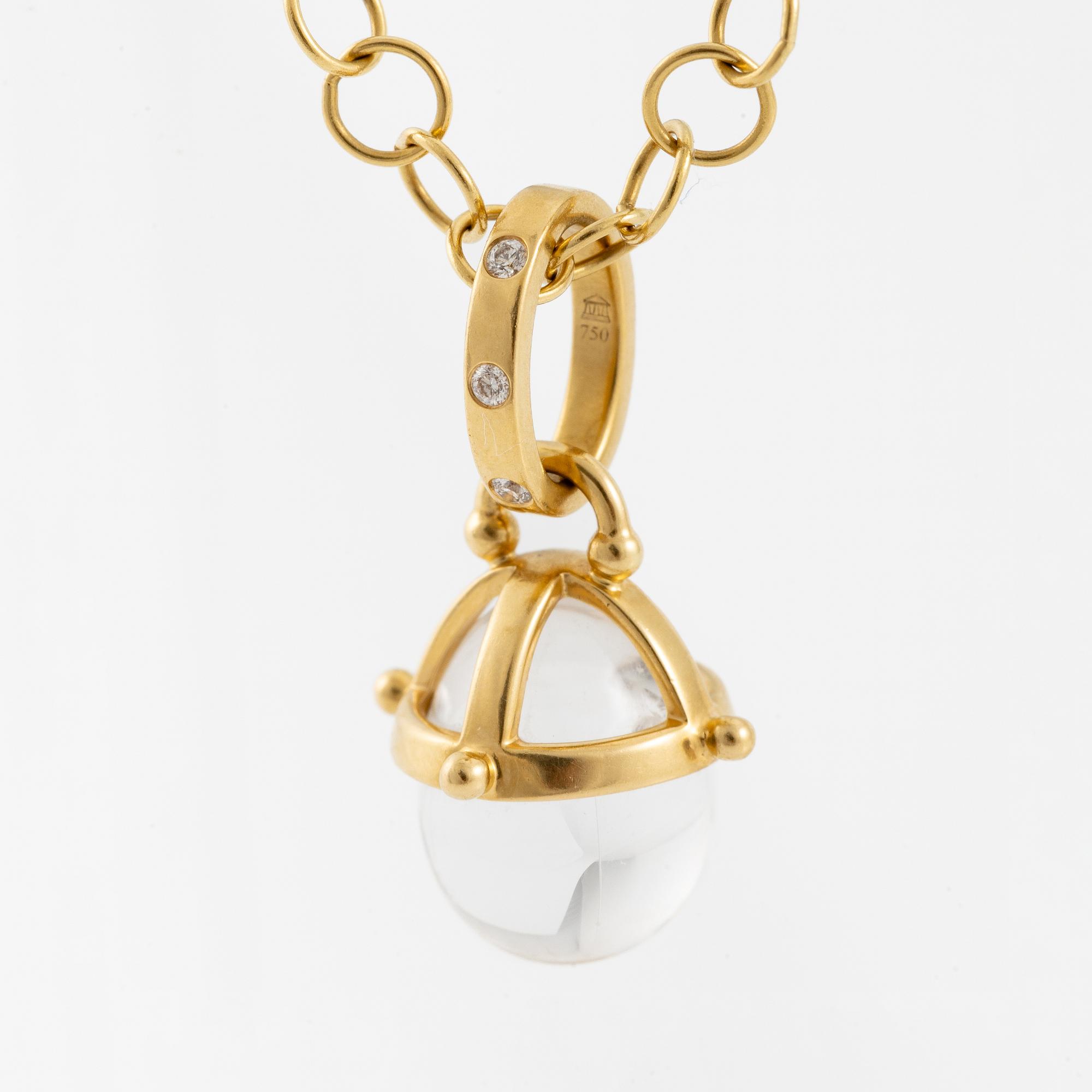 Pendant with chain in 18K gold featuring rock crystal and round brilliant-cut diamonds, Temple St Clair.