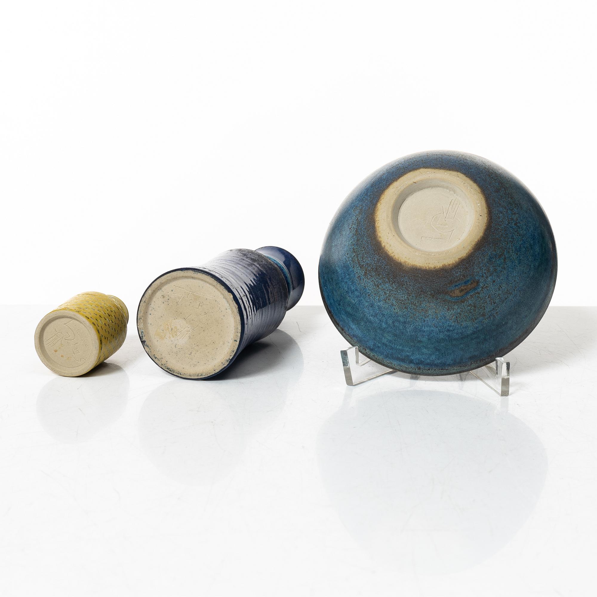 Stig Lindberg, vaser, 2 st och skål, stengods, Gustavsbergs Studio 1964-68.