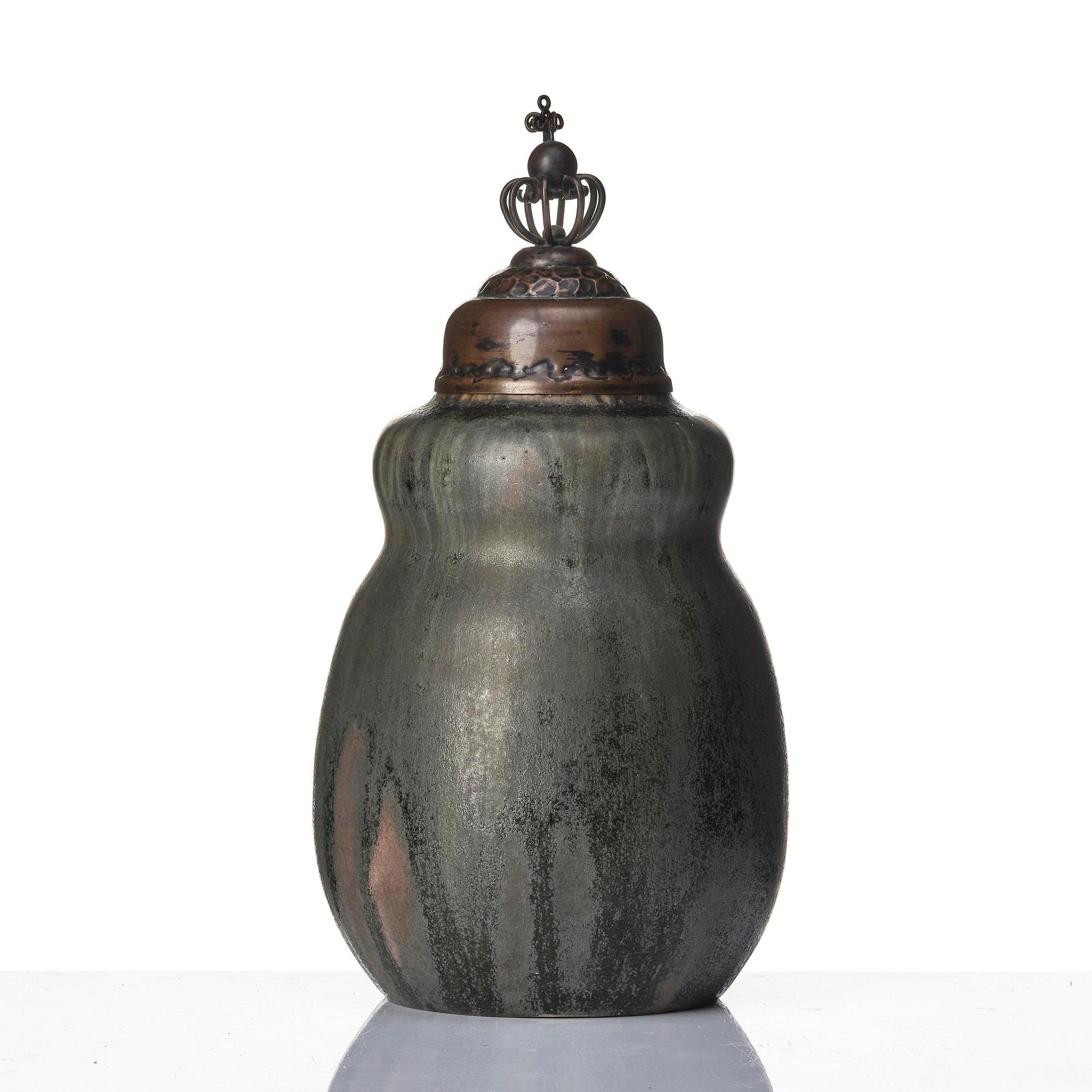 Patrick Nordström, a stoneware urn with a patinated metal cover, Royal Copenhagen, Denmark 1914.
