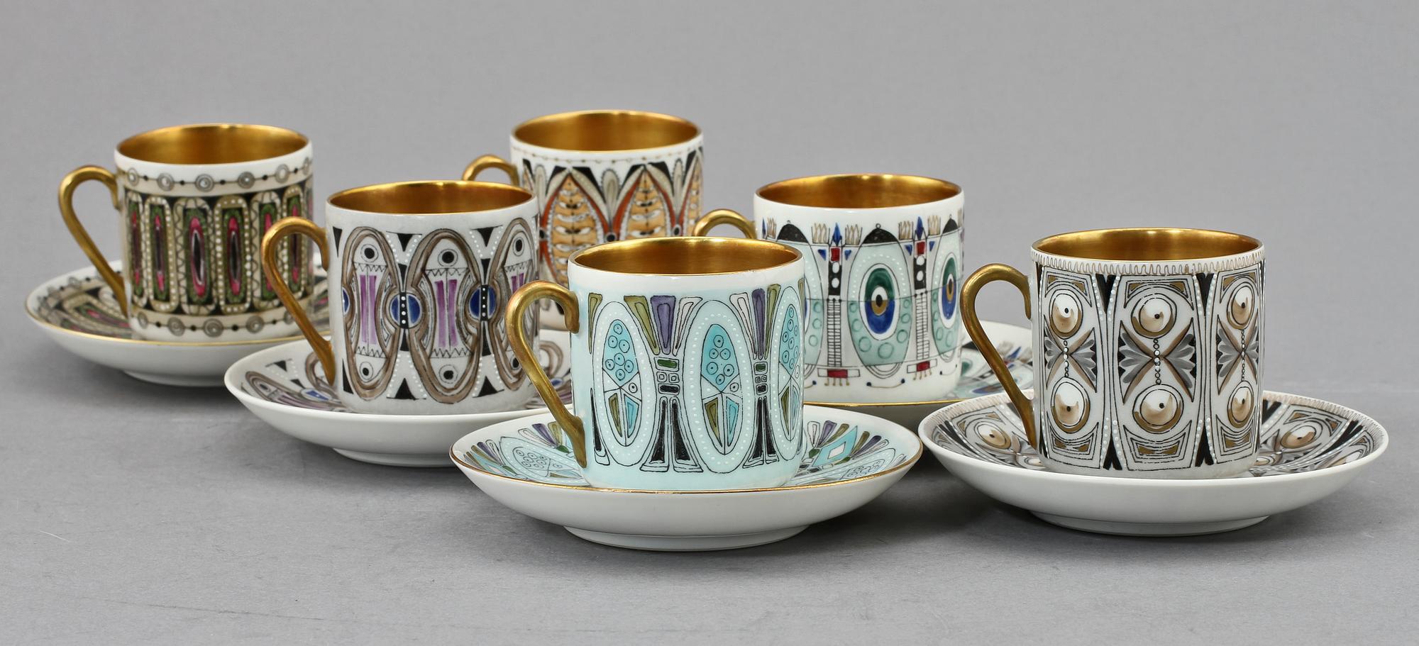 MOCCAKOPPAR, 12 st, porslin, Arabia, "Zaida", "Hillevi", "Milla", "Leila", "Asta" resp "Eira", 1900-talets senare hälft.