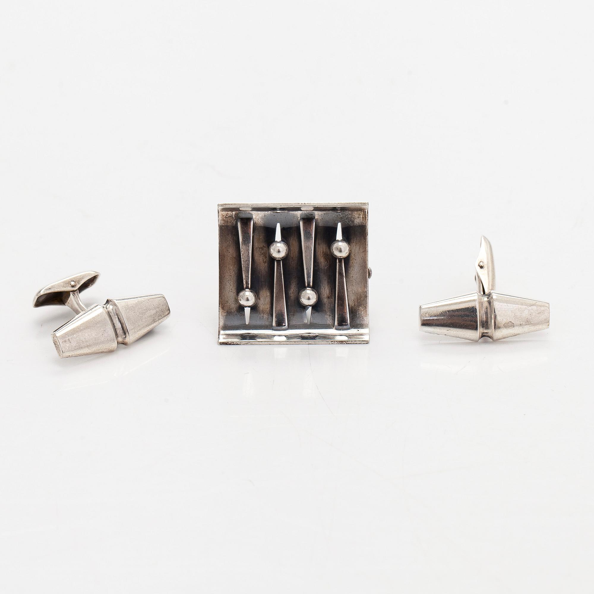 Elis Kauppi, Cufflinks and brooch, silver, Kupittaan Kulta, Turku, 1960s.