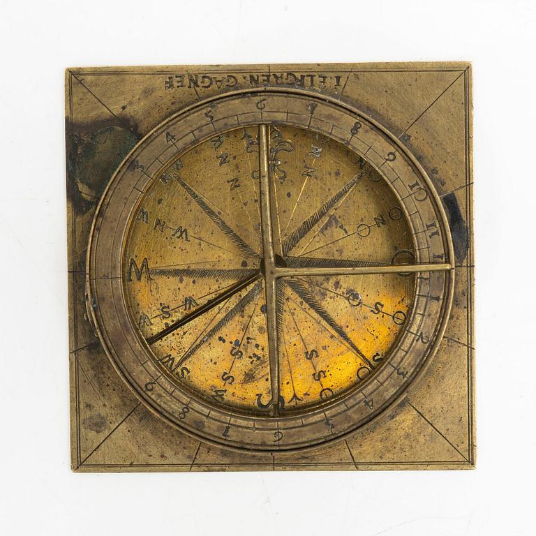 A brass sundial compass by J. Elfgren (instrument maker active ca 1750-1801).