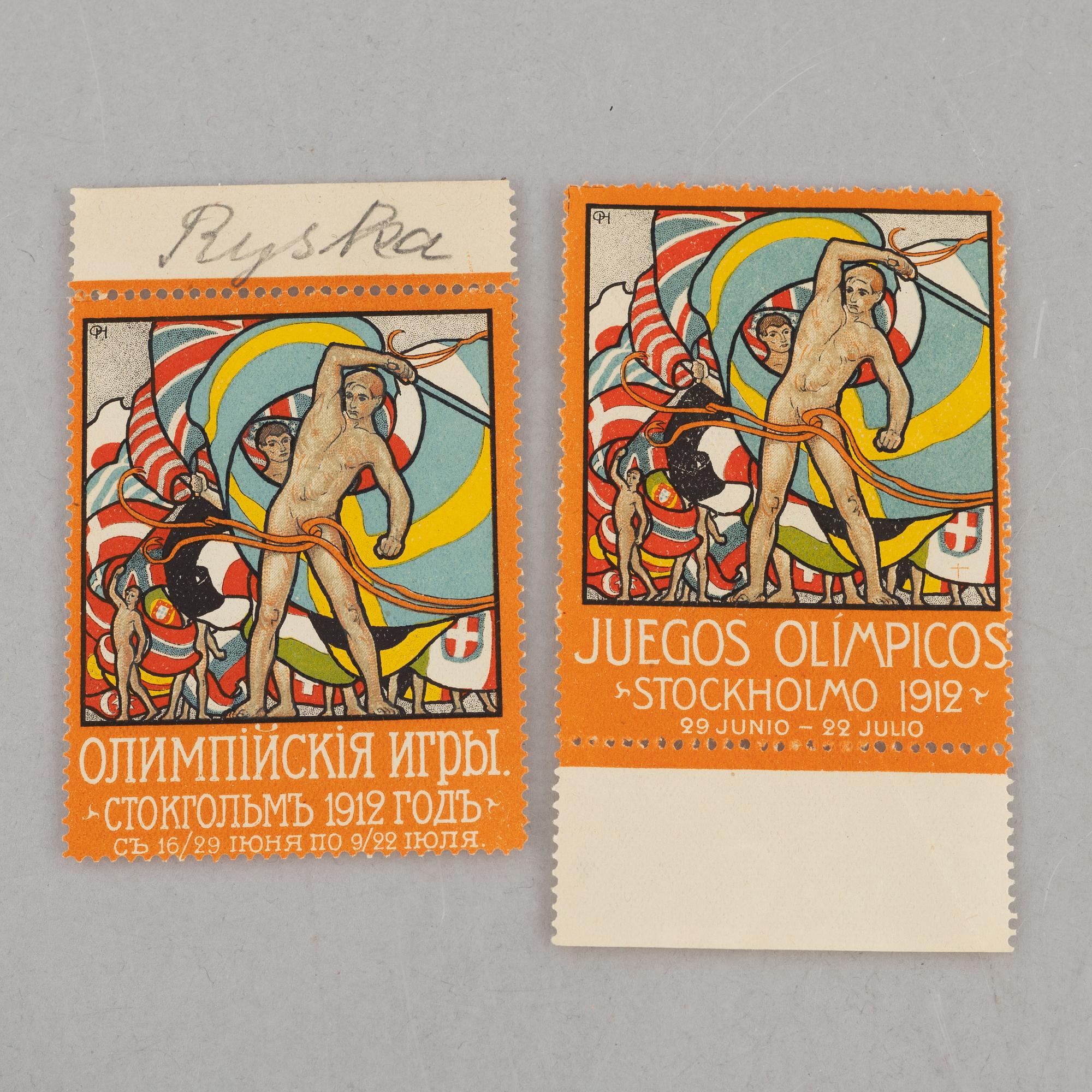 Olle Hjortzberg, efter, samling frimärken/brevmärken, ca 180 st, Olympiska Spelen Stockholm 1912.