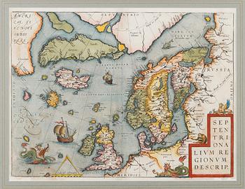 KARTA, handkolorerad. Abraham Ortelius:  Septentrionalium Regionum Descrip. a 1600.