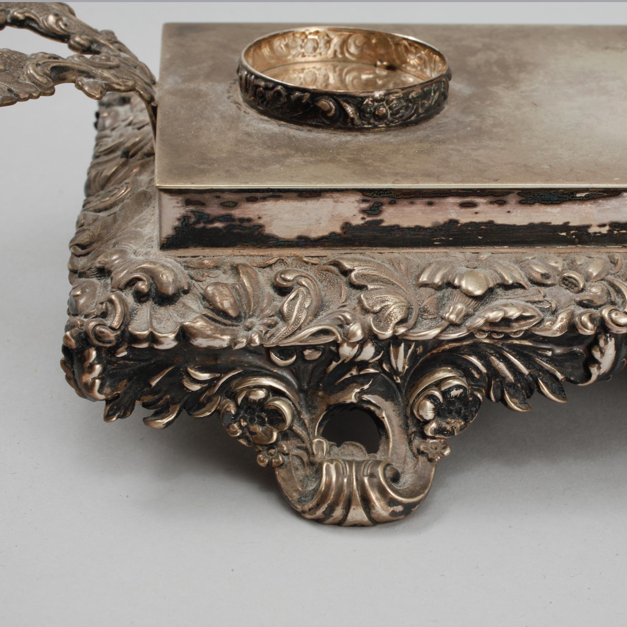 SKRIVBORDSUPPSATS, silver, Adolf zethelius, Stockholm, 1838, vikt 469 gram (exklusive glasen).