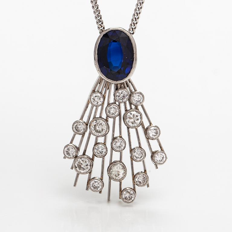 A platinum and 14K white gold necklace with a synthetic sapphire and diamonds ca. 1.10 ct in total.