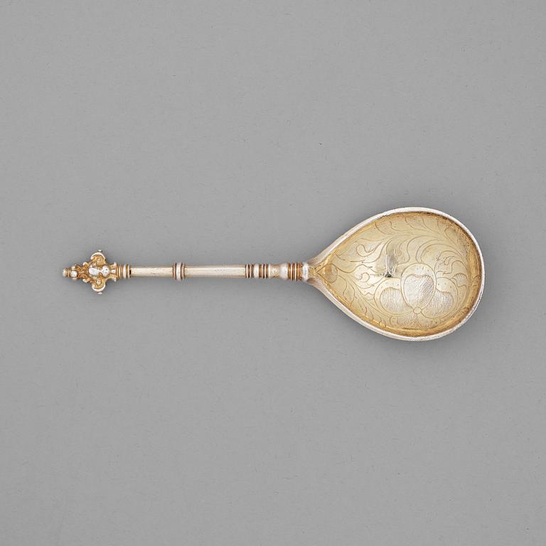 Jöran Hieronymi Bernegau, sked med dubbel kerubknopp, förgyllt silver, Norrköping, (verksam -1648-1679).