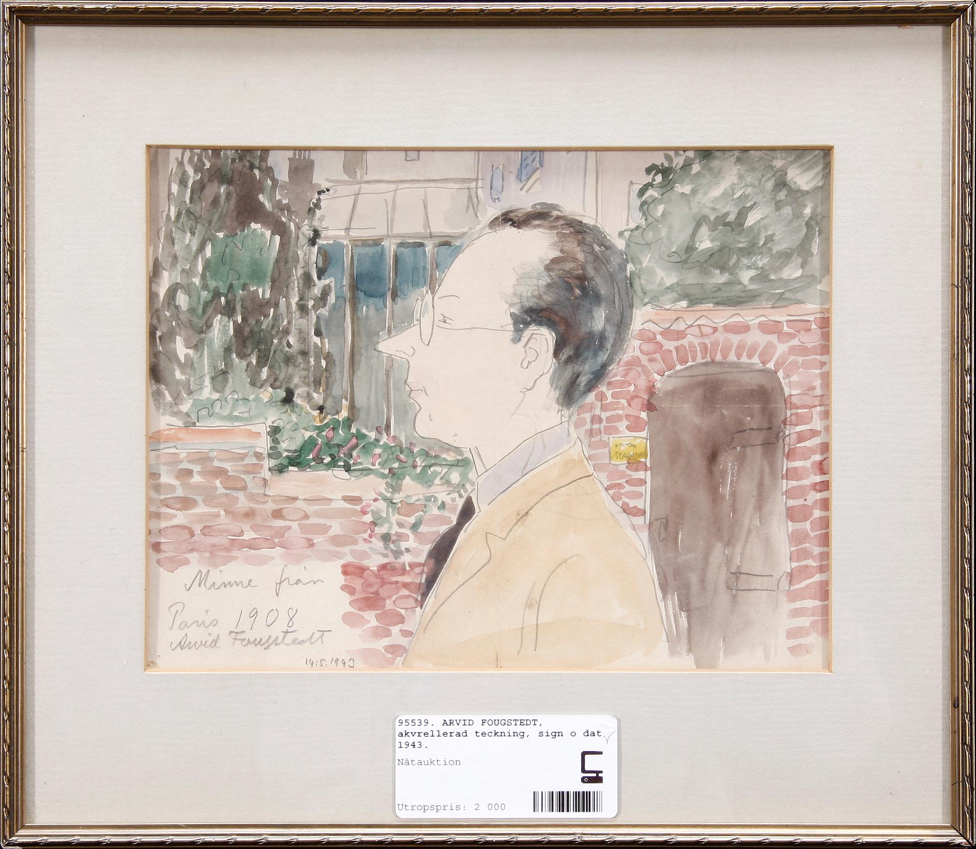 ARVID FOUGSTEDT, akvarellerad teckning, sign o dat 1943.