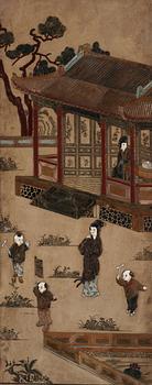 A painted and inlayed four-foulded screen, Qing dynasty (1644-1911).