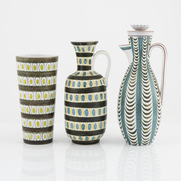 A set of two vases and a pitcher, faience, by Stig Lindberg, Gustavsberg.
