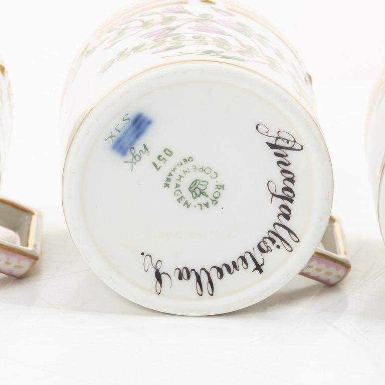 Royal Copenhagen, seven mocka cups with saucers, 'Flora Danica', Denmark.