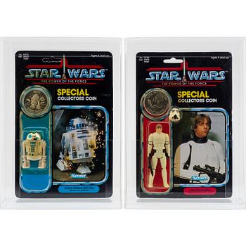 STAR WARS, Luke Skywalker (Imperial Stormtrooper Outfit) 92 back & Artoo-Detoo (R2-D2) 92 back, POTF, Kenner 1984.