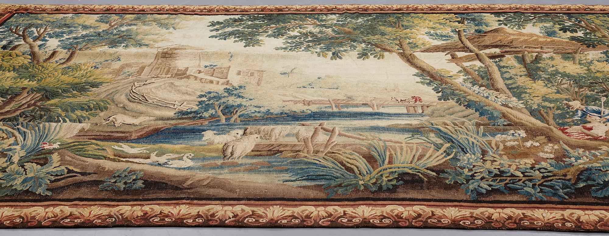 VÄVD TAPET, "Pastoral scen", gobelängteknik, ca 275,5-278,5 x 407 cm, Aubusson, Frankrike omkring 1700-talets mitt.