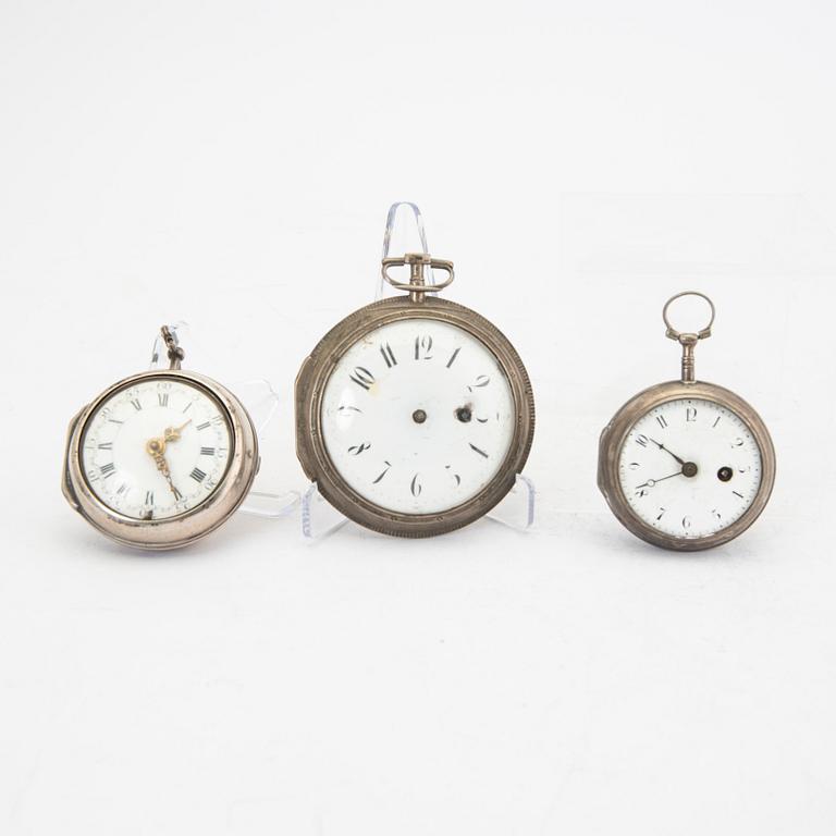 A set of three different 18th/19th century silver pocket watches.