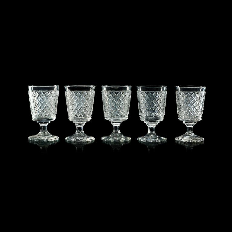 Five (4+1) Russian cut wine glasses, 19th Century.