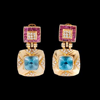 57. A pair of blue topaz, brilliant-cut diamonds and pink tourmaline. otal carat weight of diamonds circa 1.00 ct.