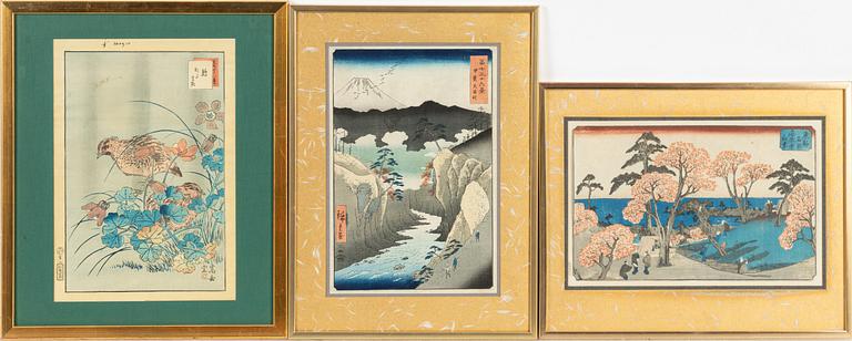 A group of three Japanese woodblock prints.