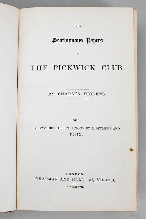 BOK, "The Pickwick Papers" av Charles Dickens, Chapman and Hall, första upplagan London 1837.